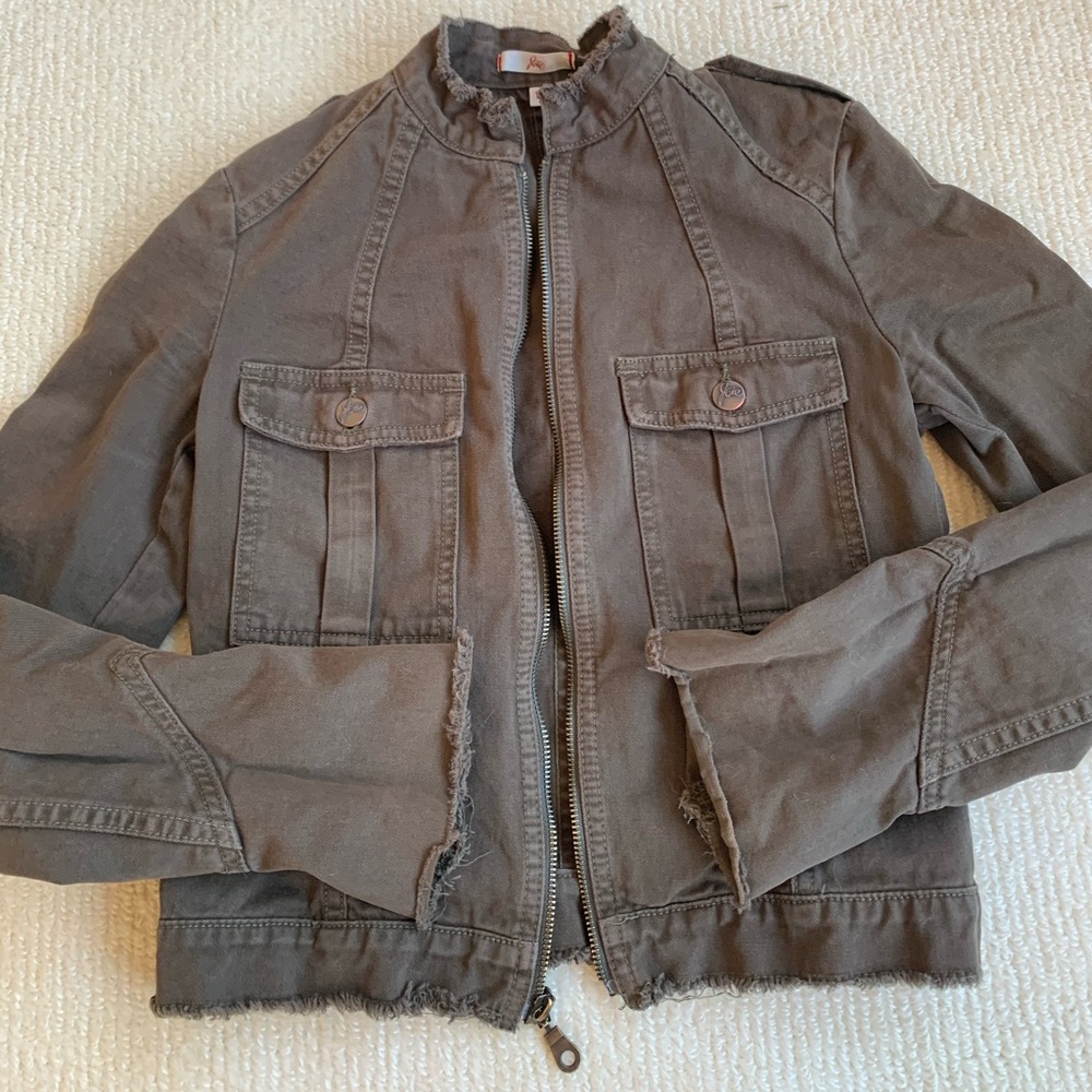 Joie Women's Cropped Jacket Olive Army Green Full Zip Raw Hem Utility Small